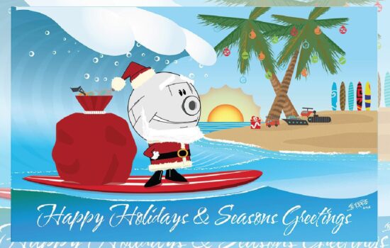 Super Shock Trap in Santa Suit Surfing on Beach